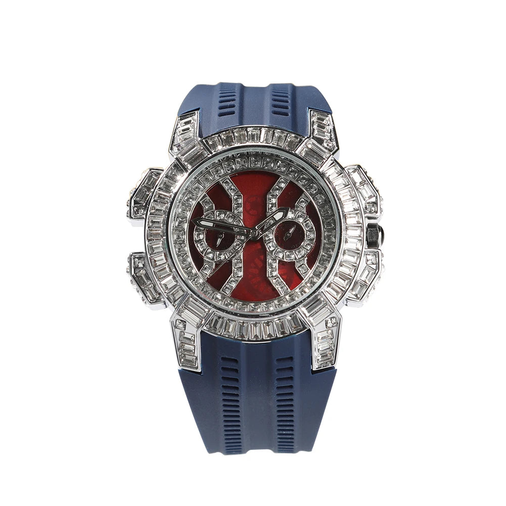 Iced Out Round Quartz Watch For Men Stainless Steel Sports Waterproof Type Fashion Red Dial Plate Anniversary Gift