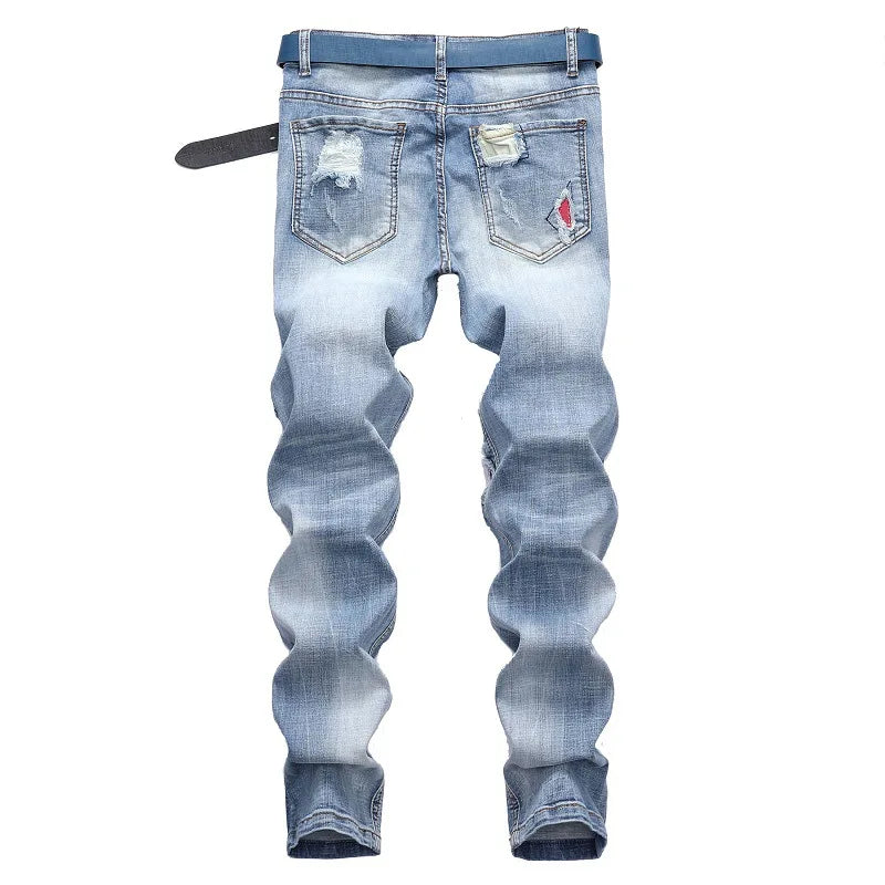 Men's Personalized Ripped Jeans Light Blue Streetwear Stretch Straight Slim Fit Casual Motorcycle Denim Trousers Male