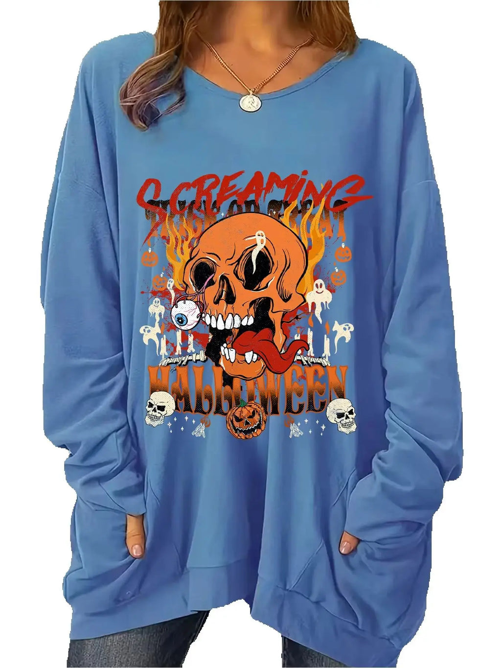 Fashionable plus size long sleeved round neck women's clothing, personalized and quirky skull flame print loose hoodie