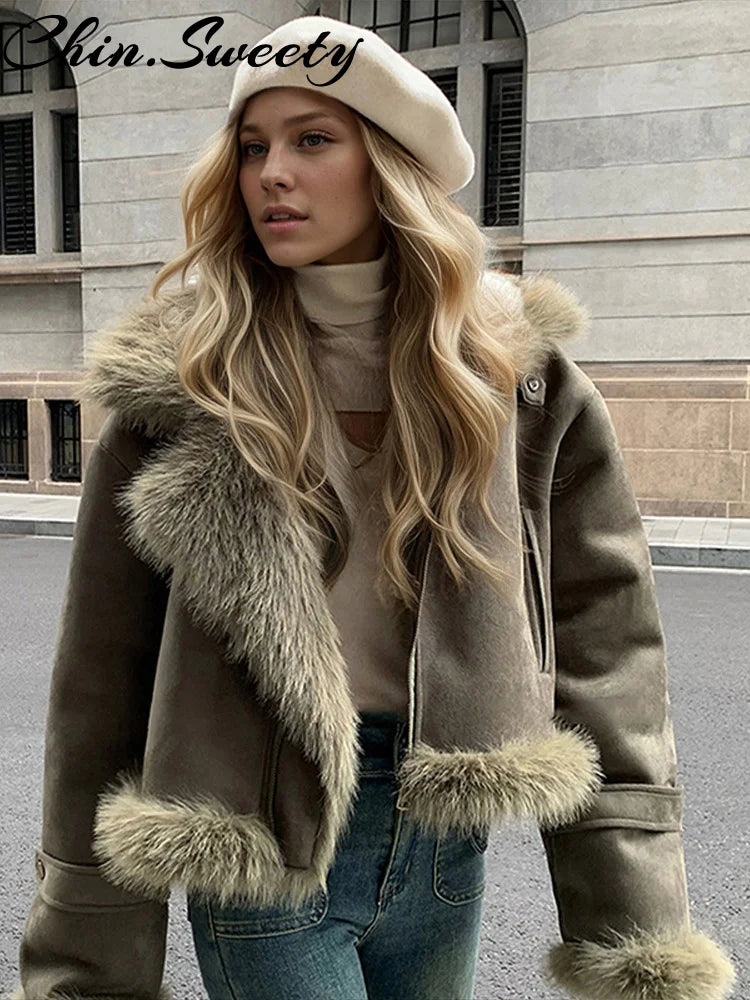 Urban Faux Fur Patchwork Women Thicken Jacket Solid Lapel Long Sleeve Female Outwear 2026 Autumn Winter All-match Lady Outfit