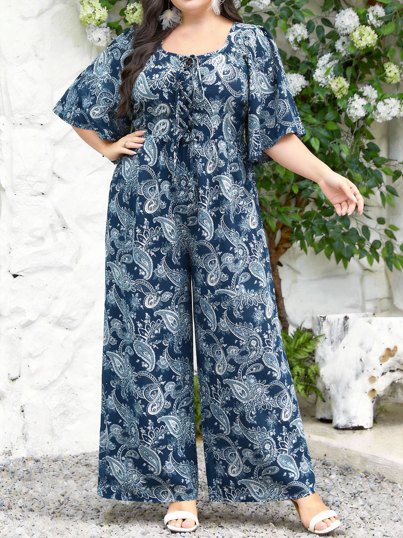 Plus Size Women's Multi-Color Paisley Print Square Neck Tie Waist Wide Leg Jumpsuit