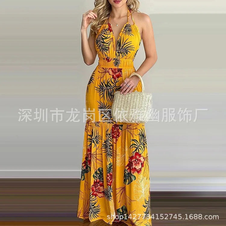 Floral Maxi Dress Long Backless Summer Elegant Gown for Women Vacation Beach Wedding Guest Outfit Flowy Evening Party Skirt