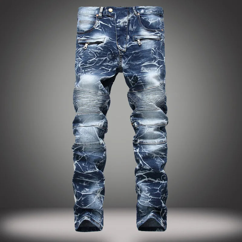 Men's New Style High Street Motorcycle Fashion Stretch Slim Straight Denim Trousers Male