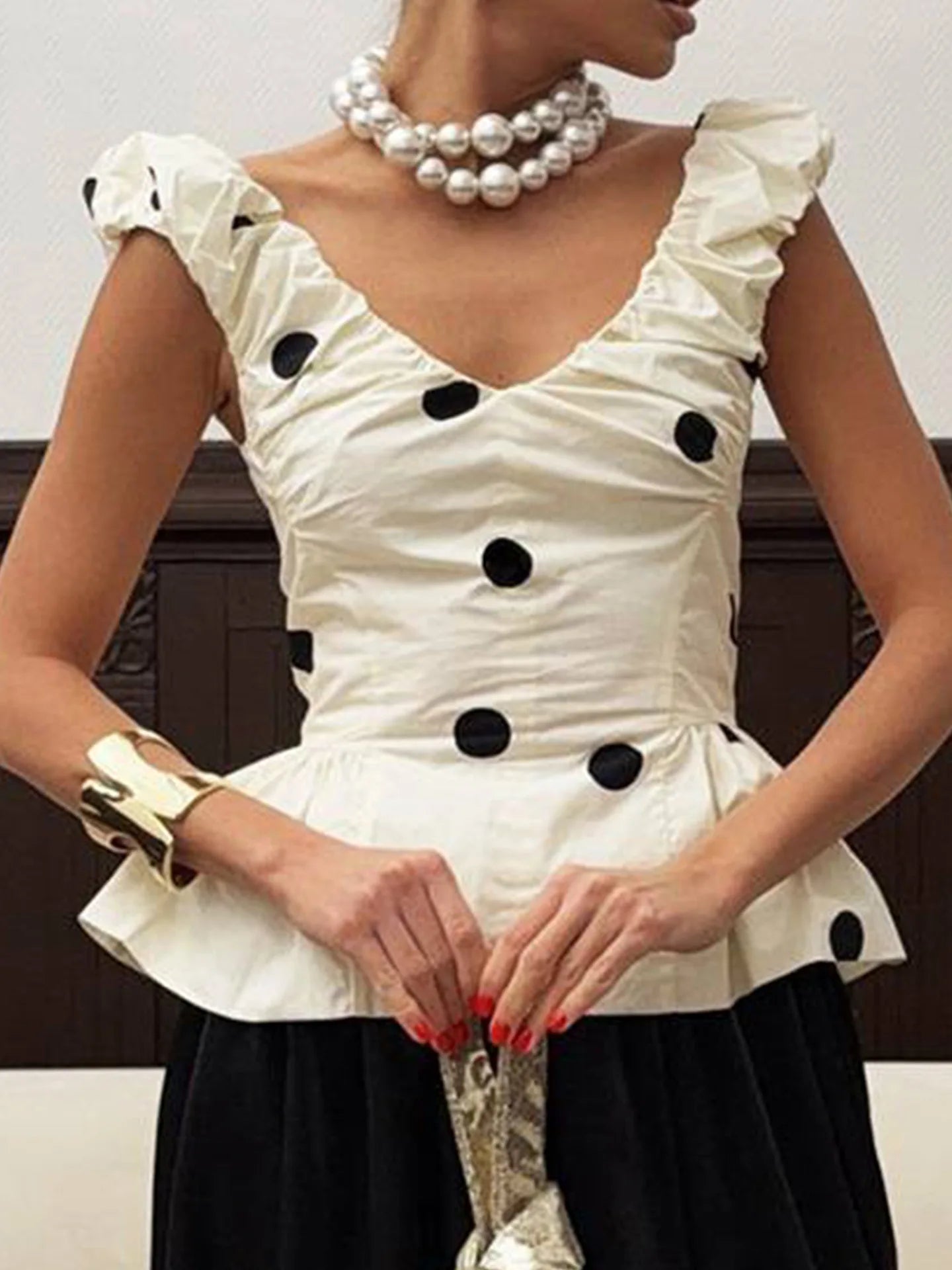 Women 2 Piece Polka Dot Dress Set French Vintage V Neck Ruffle Peplum Top High Waist Flare Midi Skirt Elegant Party Outfits