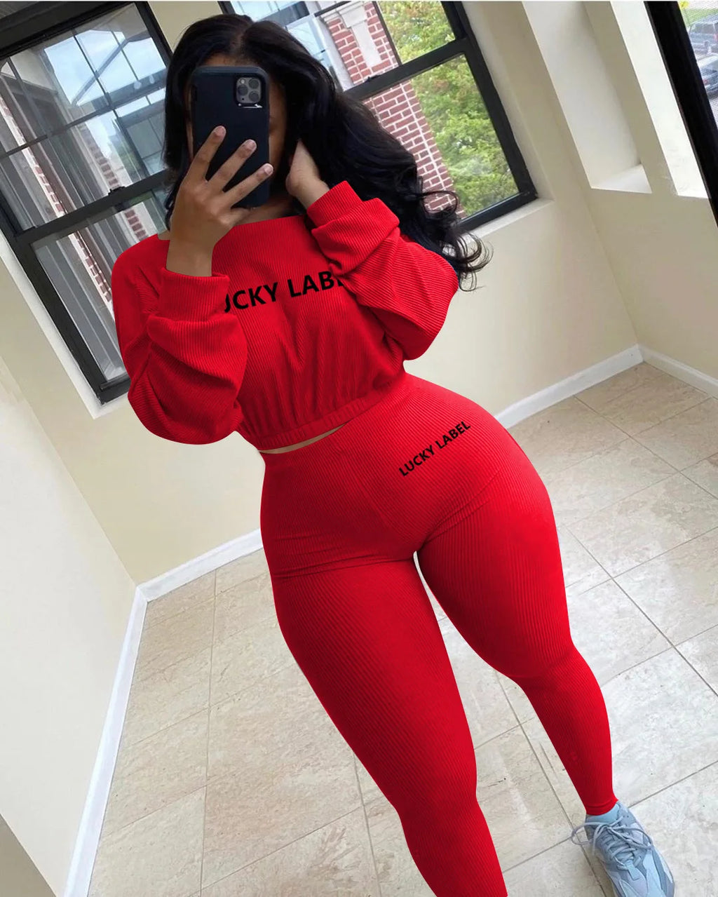 Two Piece Ribbed Tracksuits Fall Spring Long Sleeve Sweatshirt and Skinny Pants Set