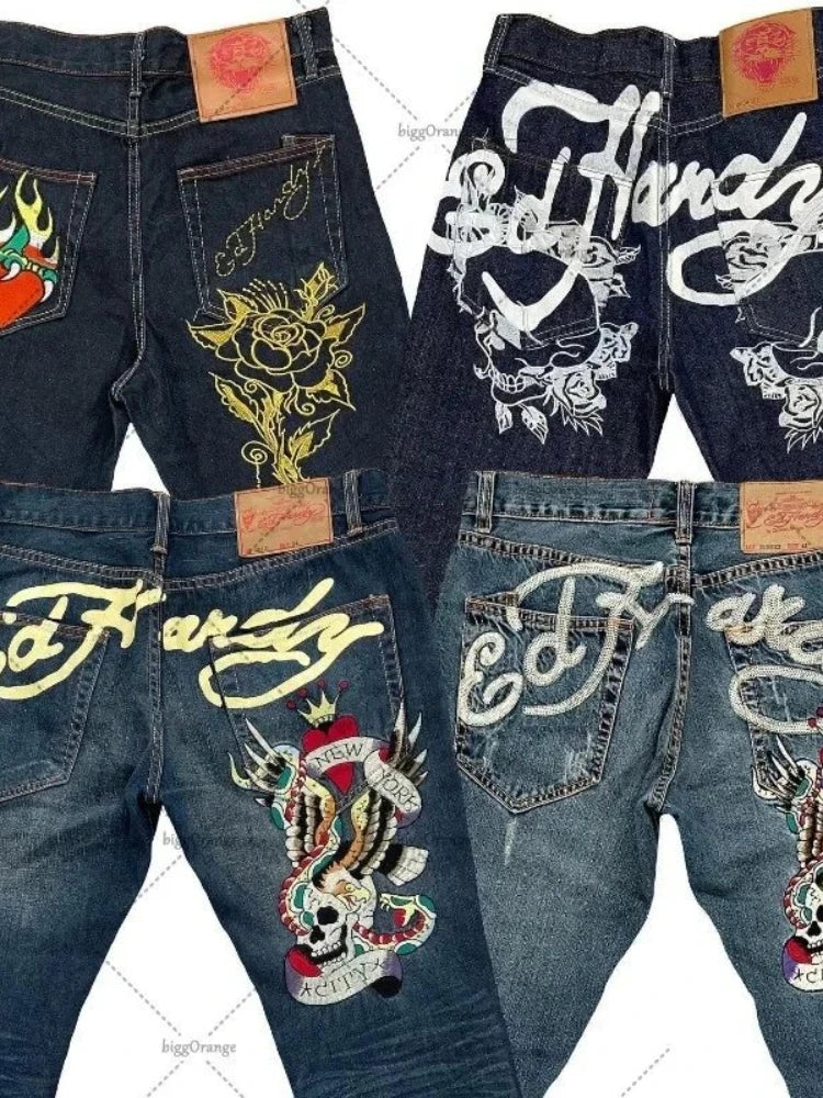 Straight Leg Denim Pants Skull Rose Flame