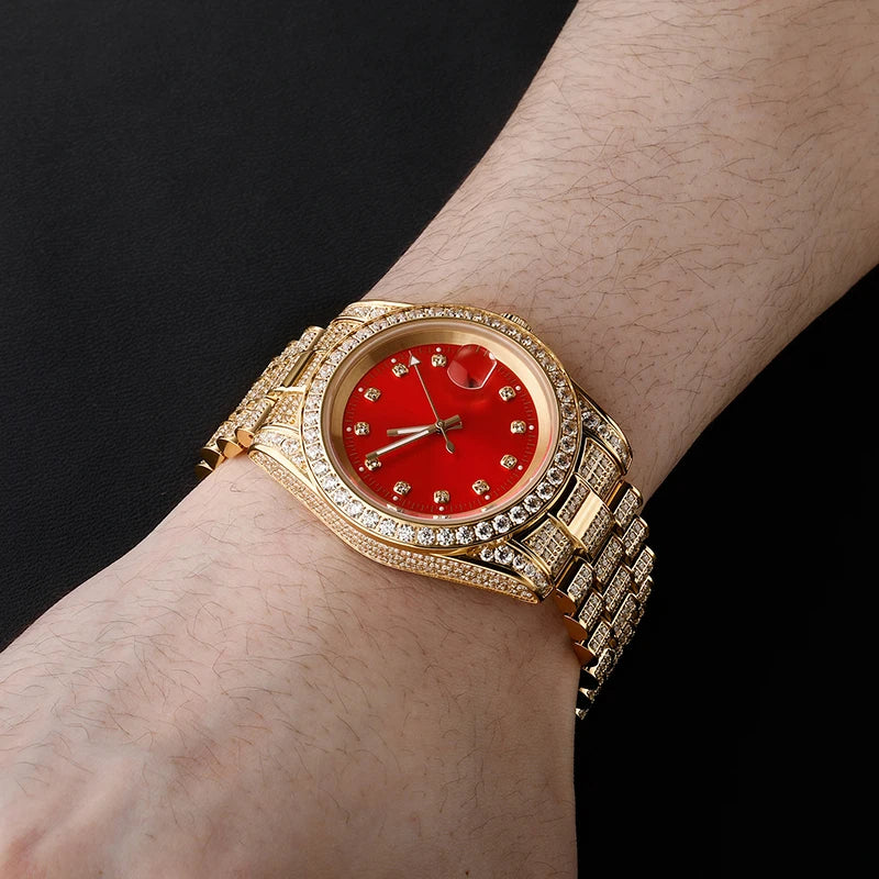 Rolex Style  Date Quartz Watch Waterproof Watches Iced  Out Stone Paved Bling Iced Out Stainless Steel Watch for Men Charm Jewelry