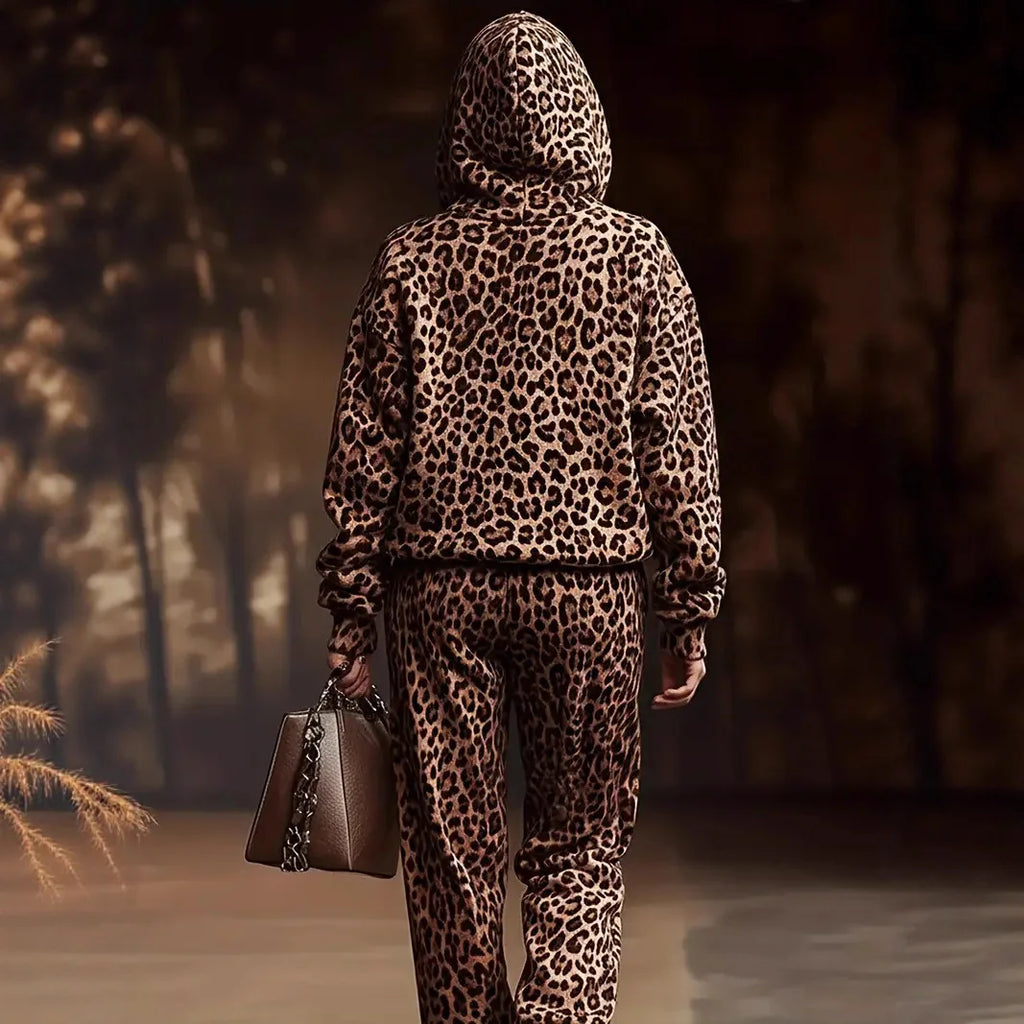 Casual Leopard Print Two-Piece Set Long Sleeve Cuffed Pants Fashionable Autumn Spring Collection Street Style Polyester