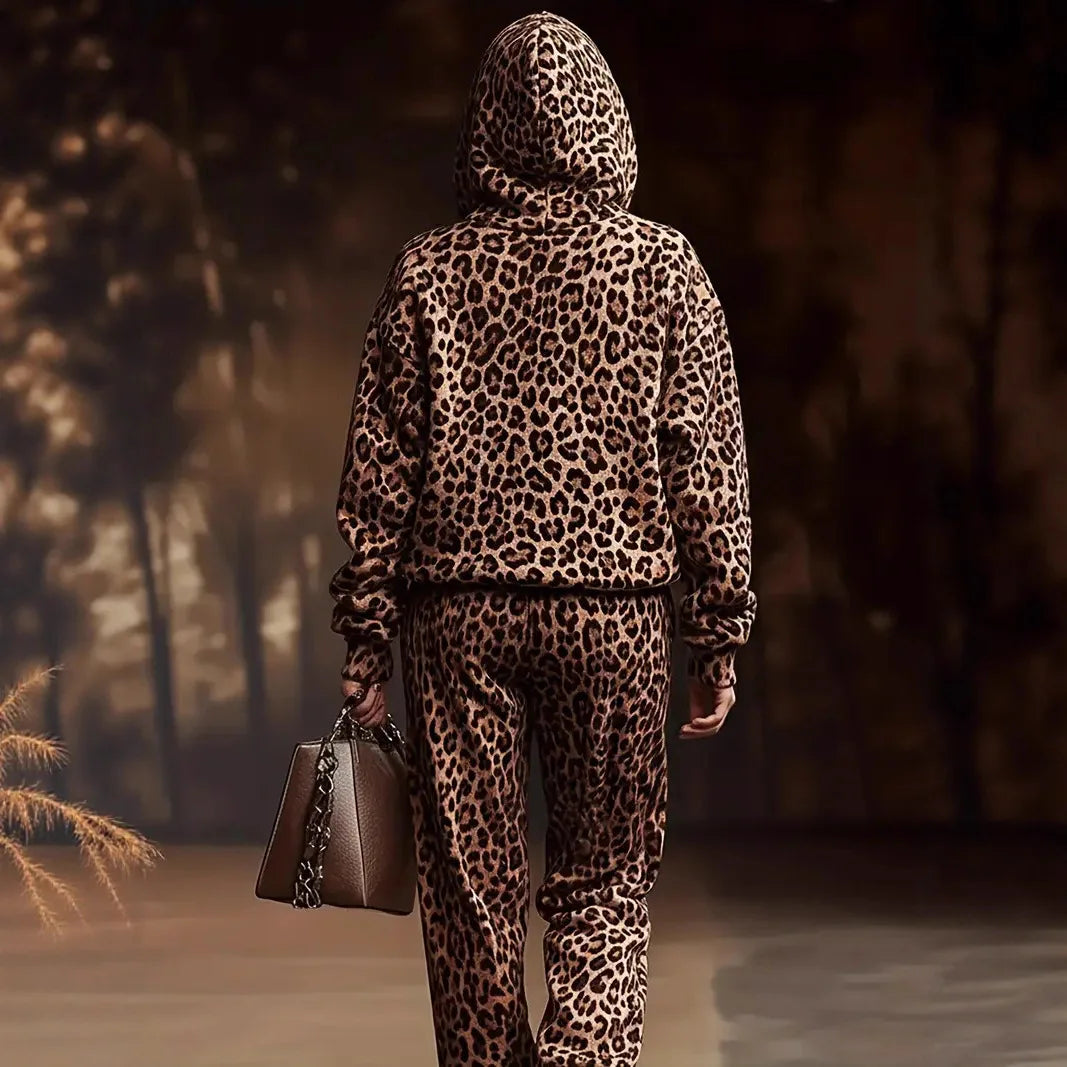 Casual Leopard Print Two-Piece Set Long Sleeve Cuffed Pants Fashionable Autumn Spring Collection Street Style Polyester