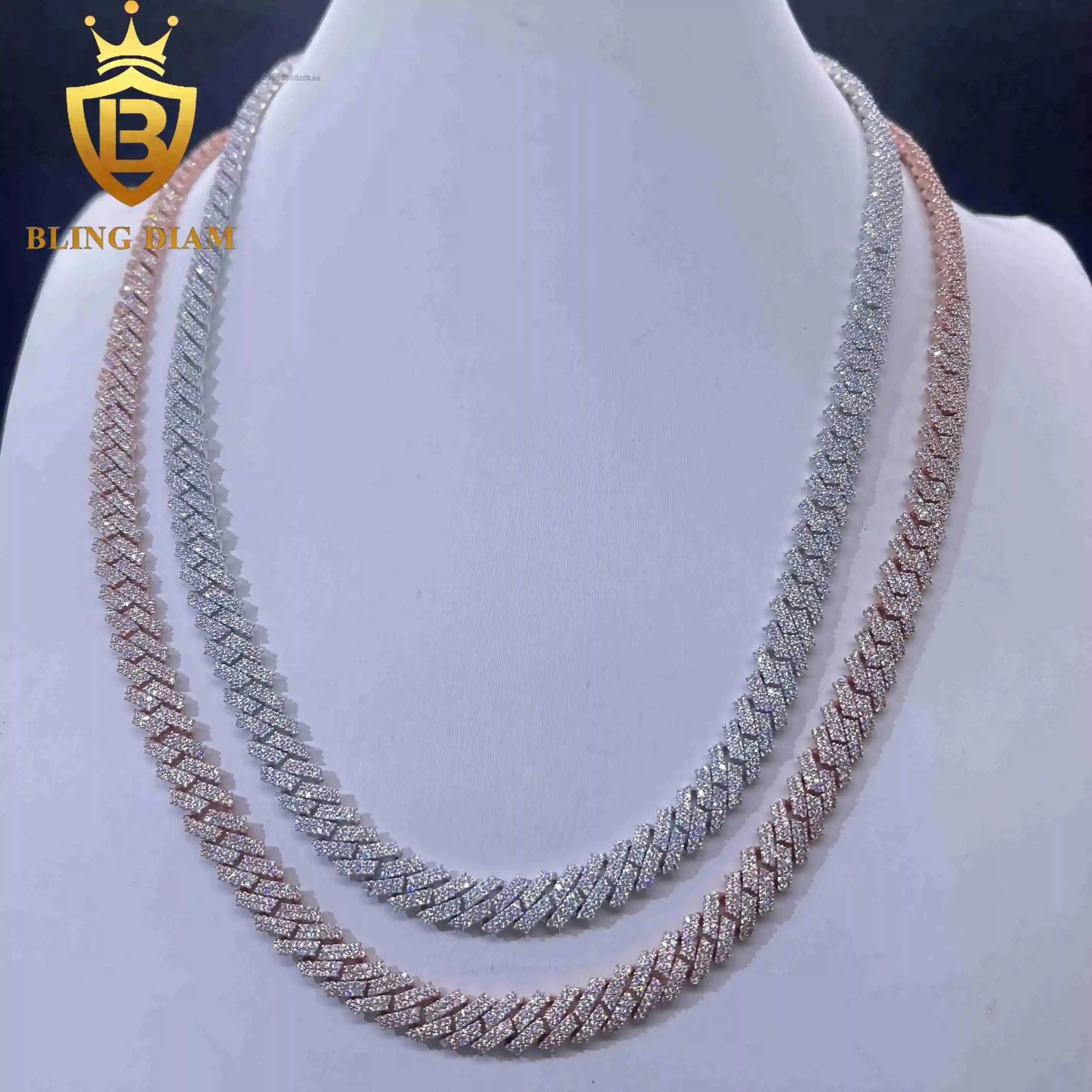 8mm  2 Rows Moissanite Miami Rose Gold Cuban Link Chain 925 Sterling Silver Necklace