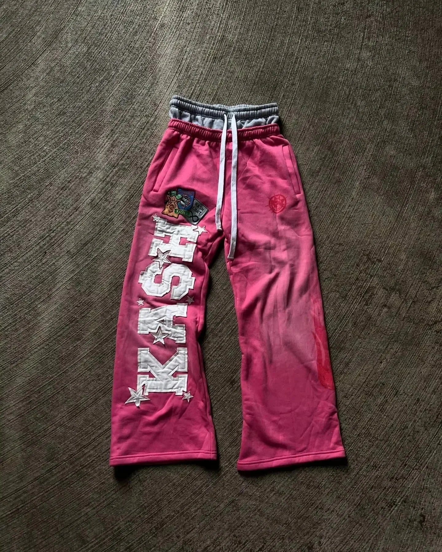 American Letter Patch Retro Double Layer Design Y2K Pants Baggy Sweatpants Men Hip Hop Gothic Elastic Waist Jogging Casual Pants
