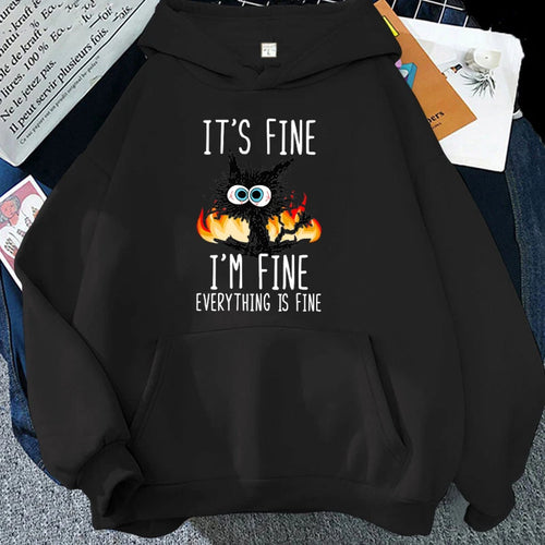 2025 Plus Size Cat Its Fine Im Fine Everything Is Fine Printed Women Hoodies Autumn Winter Hoodie Pullover Hooded