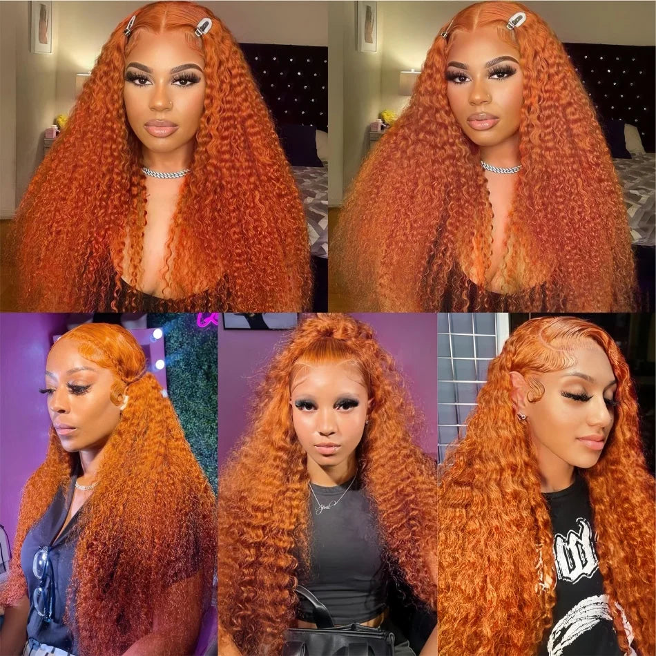 30Inch Orange Ginger Water Wave Lace Front Wig