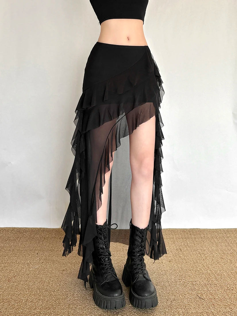 Sisjuly Millennium Spicy Girl Net Splicing Design Irregular Half Skirt Women's Fashion Urban Commute Breathable Polyester