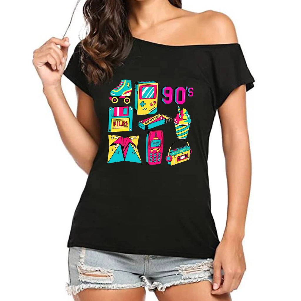 Fashion Women's Off-Shoulder T-Shirt 90's Retro Graphics Printed Short Sleeve Top Tees for Casual Wear