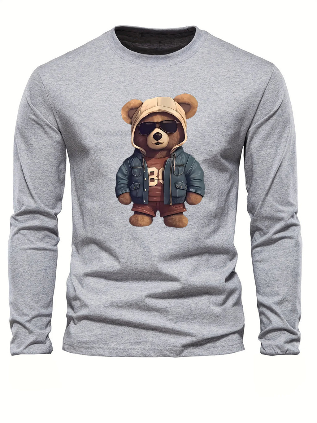 Men's casual long sleeved round neck loose bear pattern printed autumn and winter T-shirt top versatile