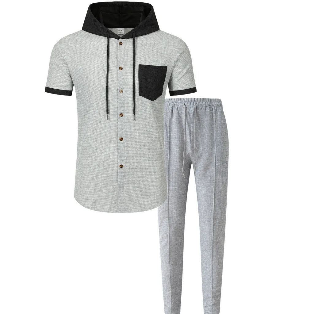 Men's new waffle knit hooded small zipper casual long-sleeved top and long pants two-pie