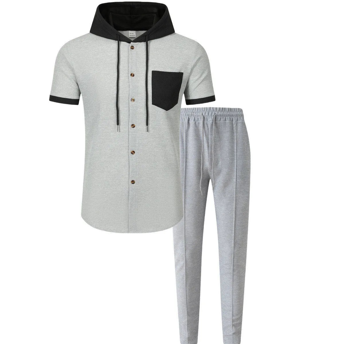 Men's new waffle knit hooded small zipper casual long-sleeved top and long pants two-pie