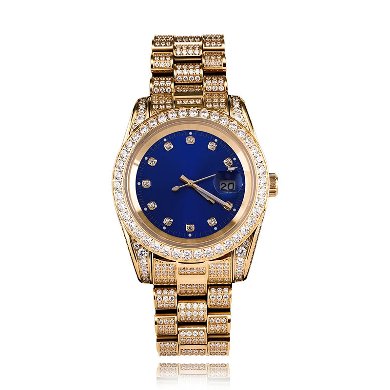 Rolex Style  Date Quartz Watch Waterproof Watches Iced  Out Stone Paved Bling Iced Out Stainless Steel Watch for Men Charm Jewelry