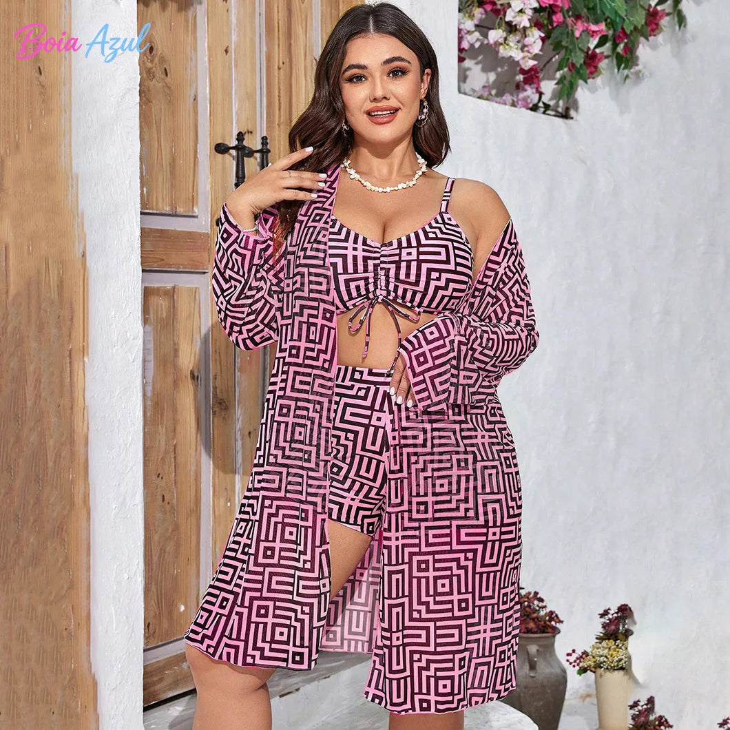 Plus Size three Piece Swimsuit Set Geometric Print Drawstring Cami Top Long Sleeve Cover Up Beach Bathing Suit