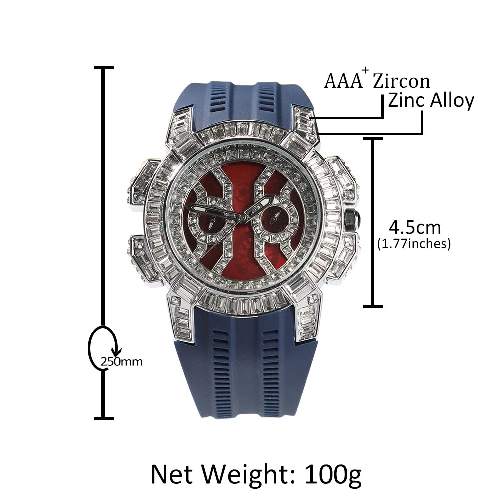 Iced Out Round Quartz Watch For Men Stainless Steel Sports Waterproof Type Fashion Red Dial Plate Anniversary Gift