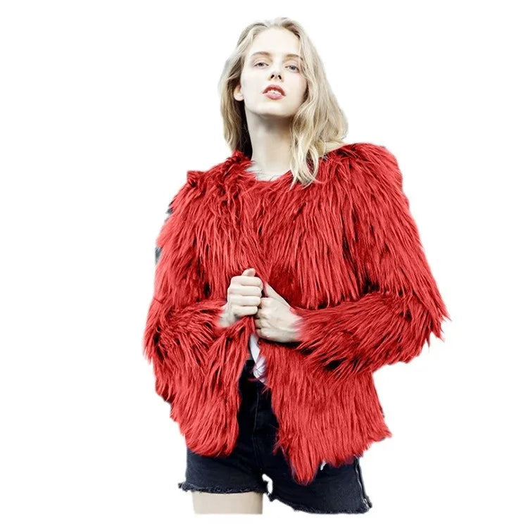 Large Size Faux Fur Coat Fashionable Urban Style Short Length Sleeve Nine Points Men And Women Universal round Neck No Hat