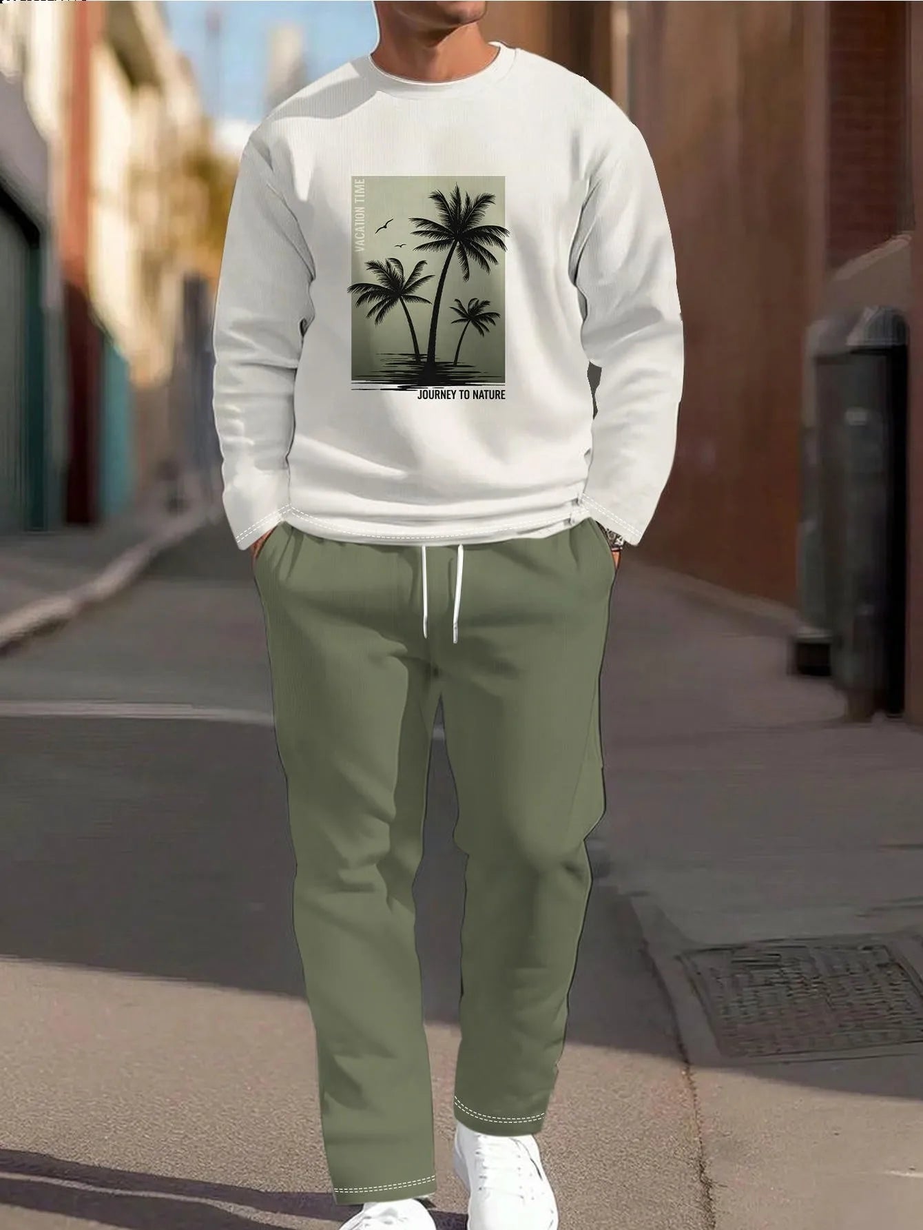 Autumn New Style Street Casual Fashion Comfortable Soft 3D Coconut Tree Pattern Printed Men's Long-Sleeved Long Pants Set