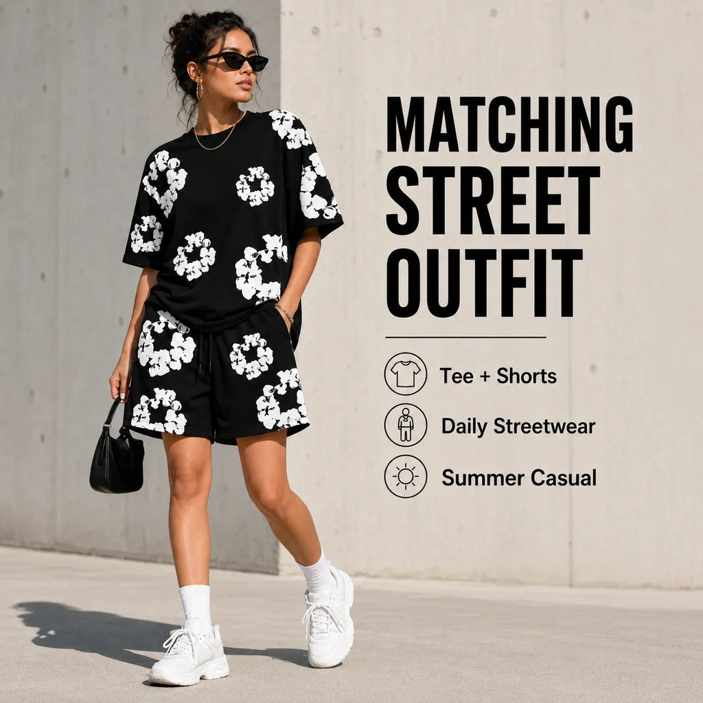 Floral Print T Shirt Shorts Set Oversized Graphic Tee Hip Hop Summer Casual Matching Outfit