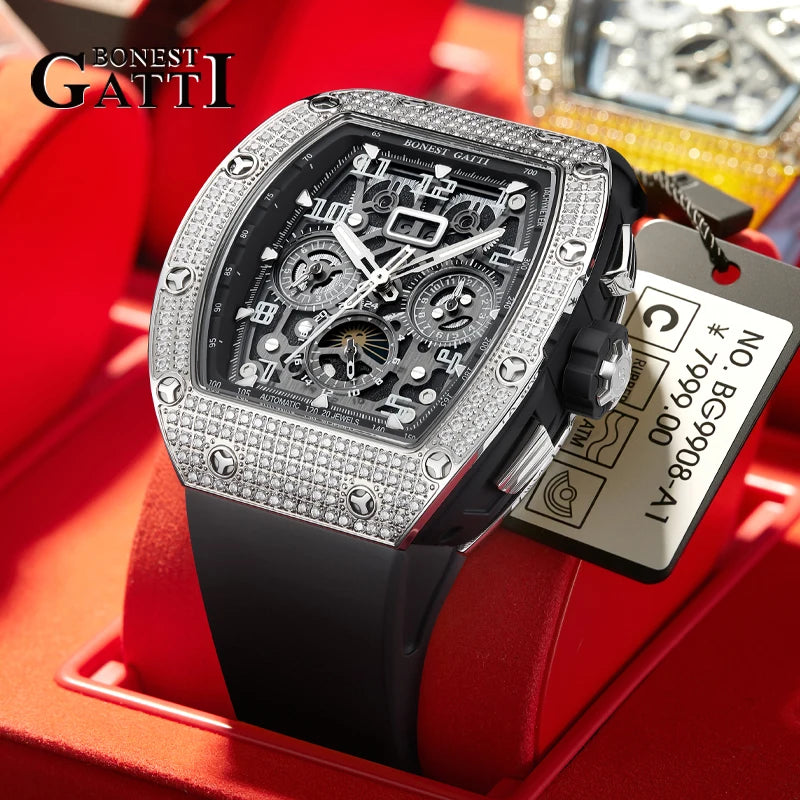 Men Automatic Mechanical Watch Stainless Steel Skeleton Dial Sapphire Glass Waterproof Luxury Moissanite Wristwatch