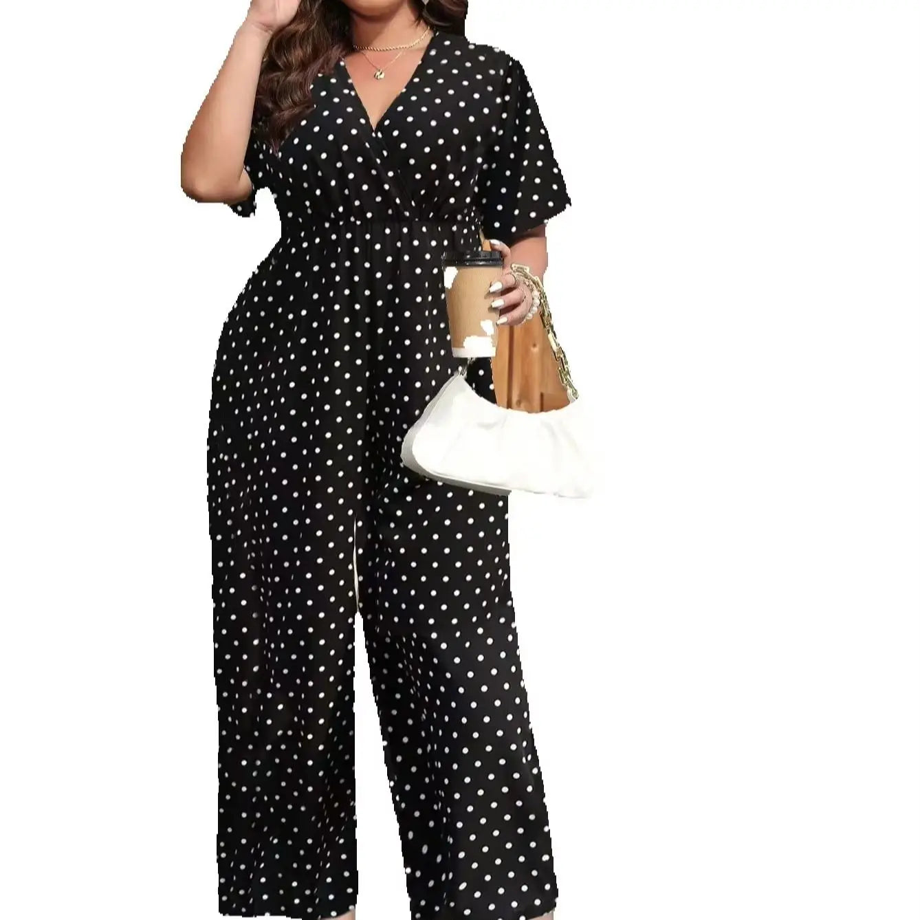 Women's Plus Size Polka Dot Jumpsuit, Casual V-Neck Short Sleeve Elastic Waist Wide Leg Romper, Loose Summer Playsuit For Ladies