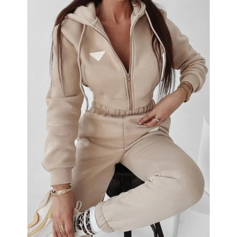 Women's Solid Color Spring Autumn Hooded Pullover Pants Set