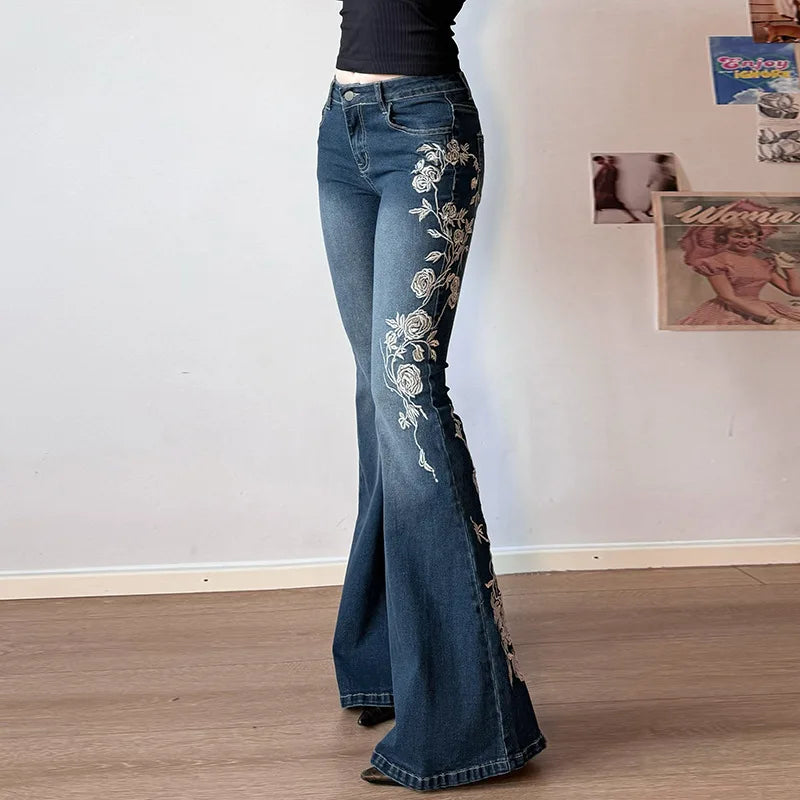 Denim Trousers Y2K Flare Pants Jeans Women Embroidery Boot Cut Low Waist Washed Distressed Pockets Floor Length Streetwear