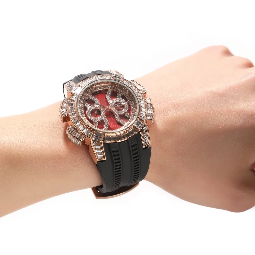 Iced Out Round Quartz Watch For Men Stainless Steel Sports Waterproof Type Fashion Red Dial Plate Anniversary Gift