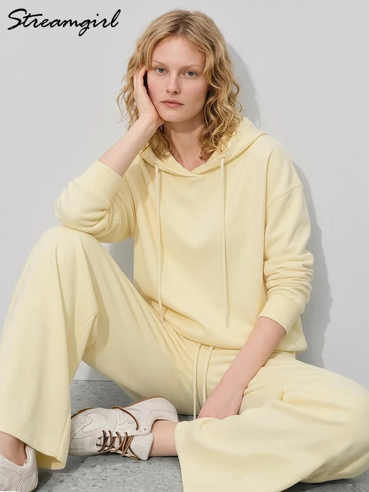 Women's Tracksuit Wide Leg Sweatpants And Hoodies Set Butter Yellow Plain 2 Pieces Pants Set For Women Joggers And Hoodie Set