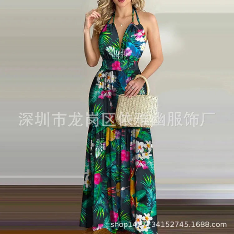 Floral Maxi Dress Long Backless Summer Elegant Gown for Women Vacation Beach Wedding Guest Outfit Flowy Evening Party Skirt
