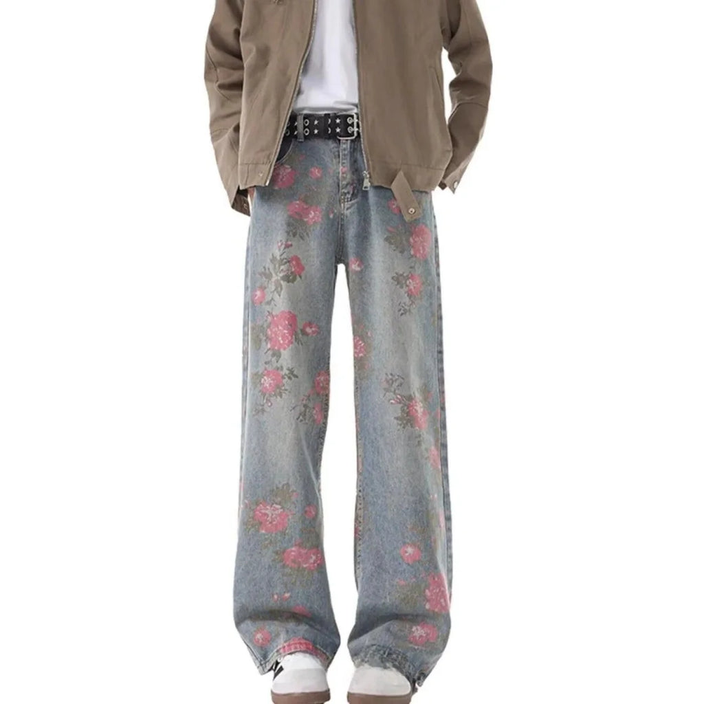 American Casual Floral Print Wide Leg Jeans Mid-Waist Fashion Urban Style Comfortable Soft Cotton Polyester Blend Four Seasons
