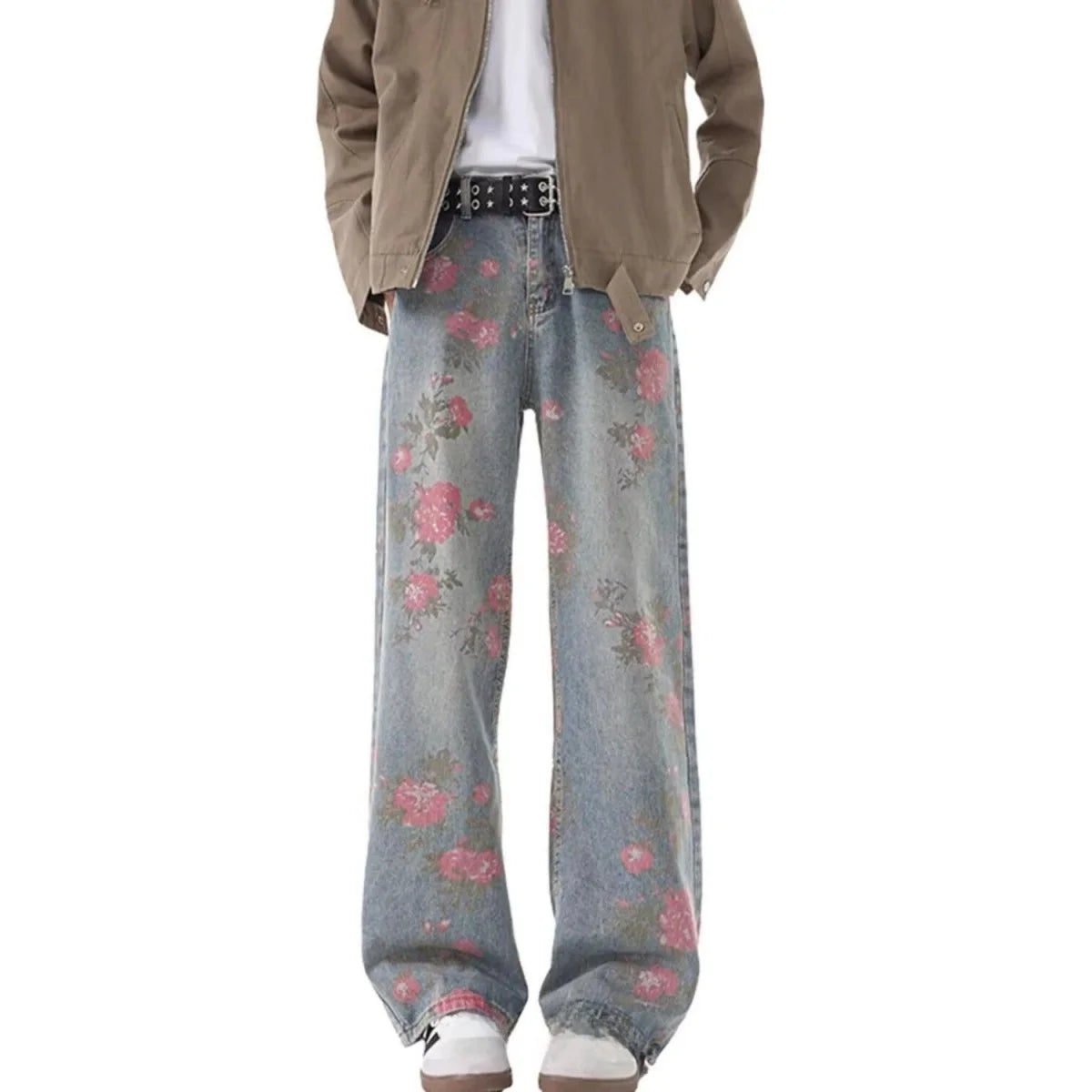 American Casual Floral Print Wide Leg Jeans Mid-Waist Fashion Urban Style Comfortable Soft Cotton Polyester Blend Four Seasons