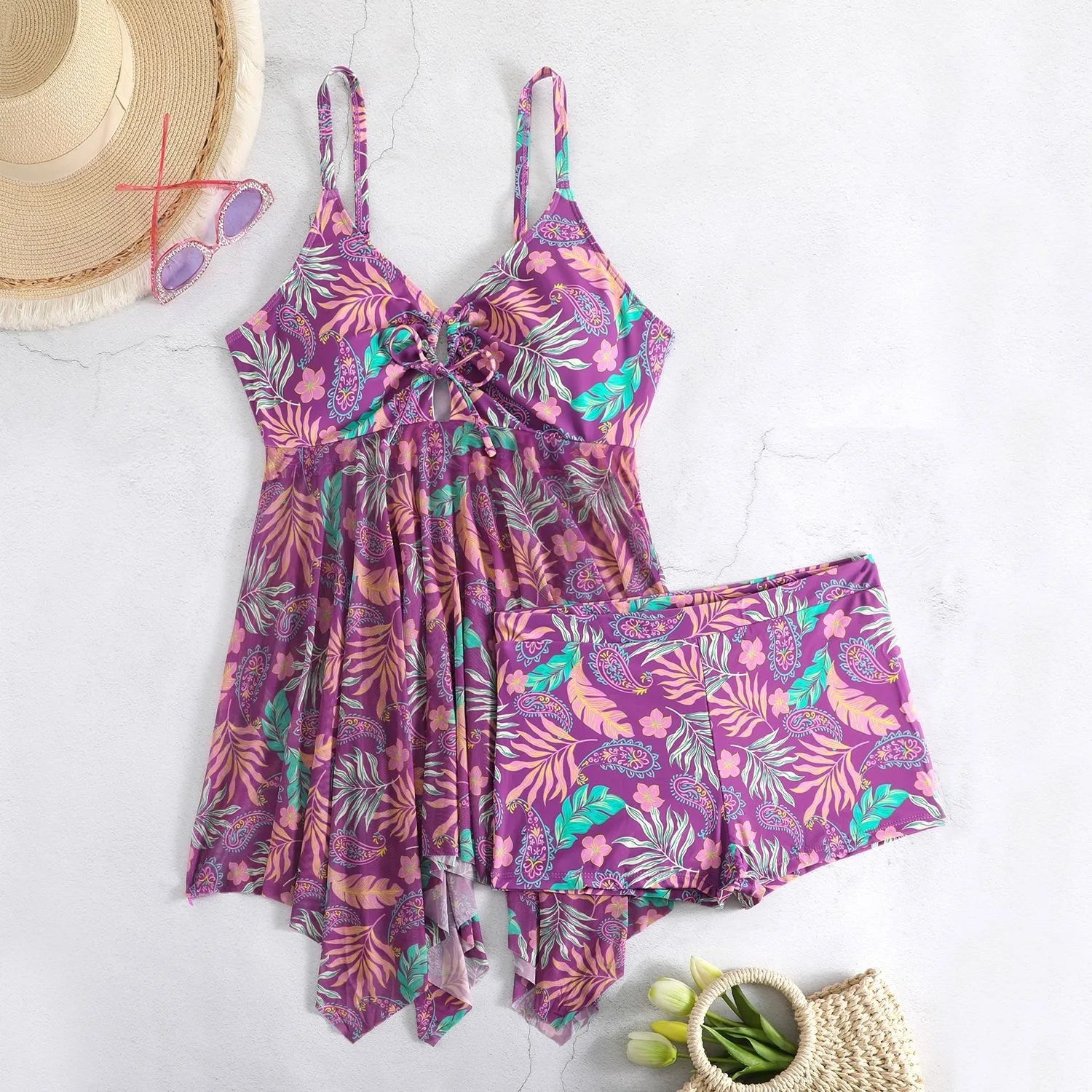 Women Tankini Sleeveless V Neck Tankini Top Plus Size High Waist Shorts Two Piece Swimsuit Floral Print Swim Tankini Swimwear
