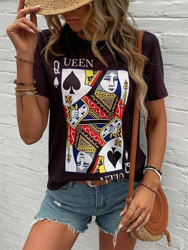 3D Poker Print Women's T-shirt Summer Daily Casual Women's Short-sleeved Top Urban Street Women Fashion Crew-neck Y2K Streetwear