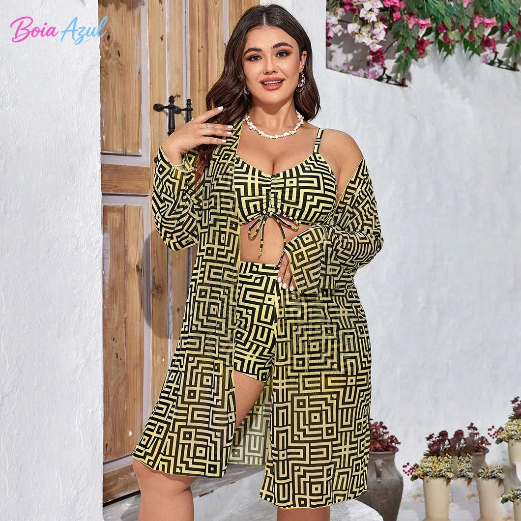 Plus Size three Piece Swimsuit Set Geometric Print Drawstring Cami Top Long Sleeve Cover Up Beach Bathing Suit