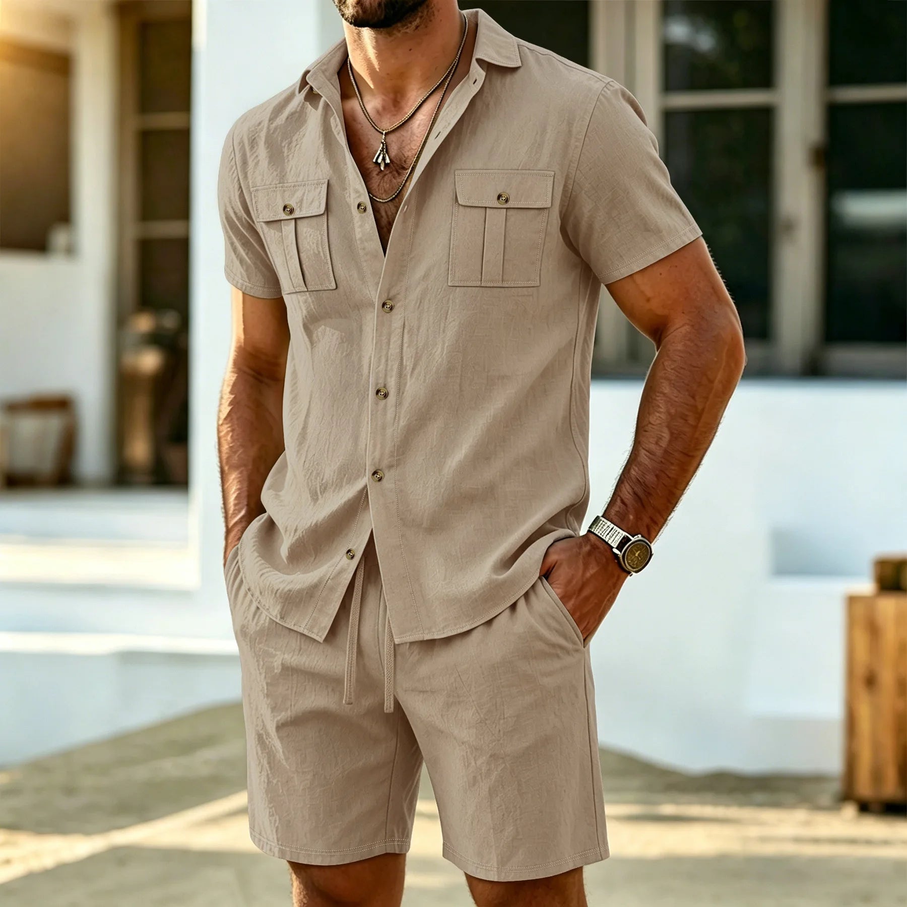 Men's linen outdoor casual 2-piece set - Business casual short-sleeved shirt + shorts beach sports breathable street