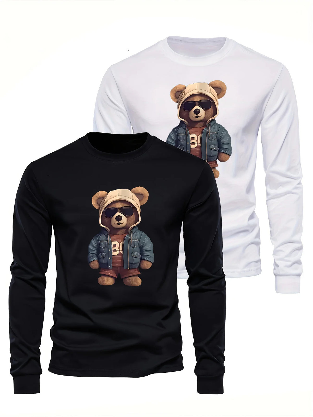 Men's casual long sleeved round neck loose bear pattern printed autumn and winter T-shirt top versatile