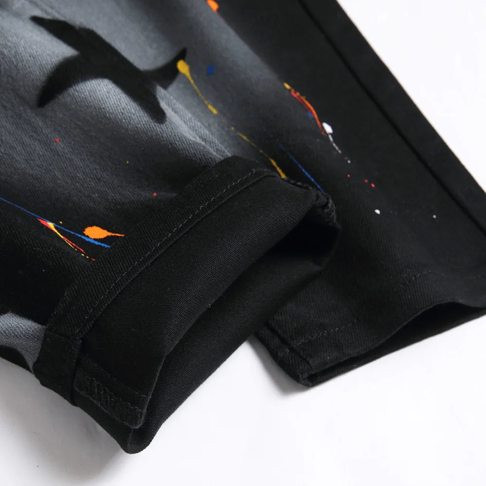 Men Star Painted Denim Jeans Casual Graffiti Print Slim Straight Pants Black Stretch Cotton Spandex Trousers