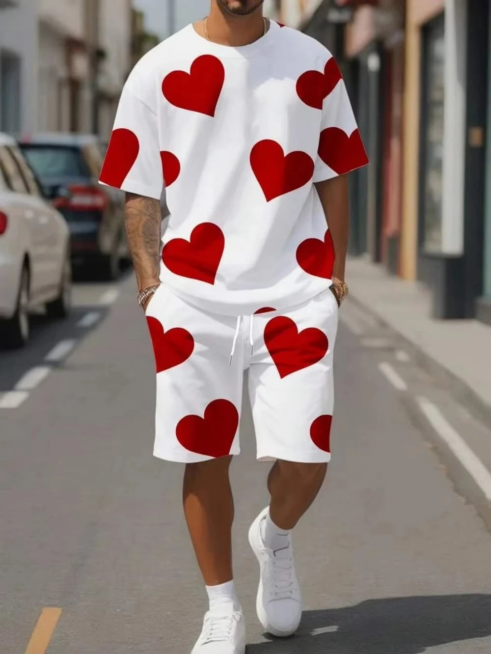 Men's Retro Minimalist Printed Street Fashion T-shirt and Shorts Set  Sports and Casual Breathable Quick Drying Set