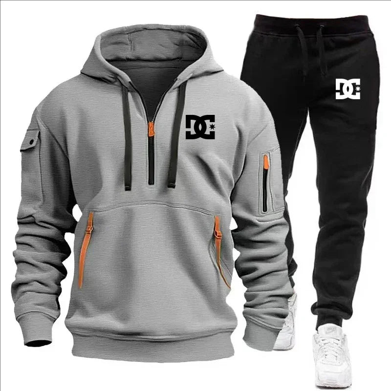 2Pcs Fleece Lined Outfit Autumn Winter Half Zip Hooded Sweatshirt High Waist Jogger Pants With Zipper Pockets Set