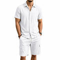 Men Summer American Linen Two Piece Set Short Sleeve Shirt Drawstring Cargo Shorts Loose Casual Outdoor Commute Vacation Outfit