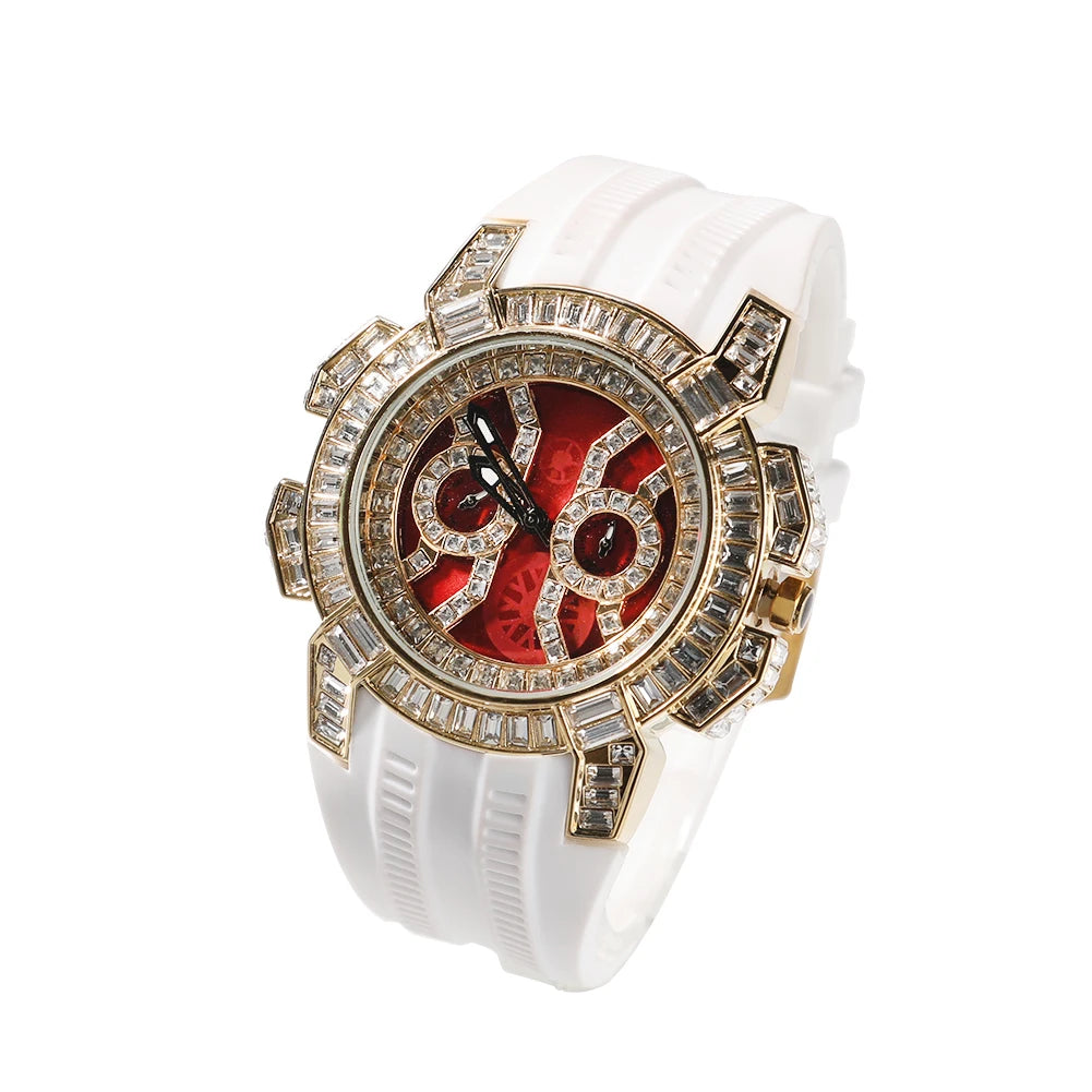 Iced Out Round Quartz Watch For Men Stainless Steel Sports Waterproof Type Fashion Red Dial Plate Anniversary Gift