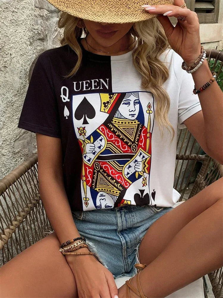 3D Poker Print Women's T-shirt Summer Daily Casual Women's Short-sleeved Top Urban Street Women Fashion Crew-neck Y2K Streetwear
