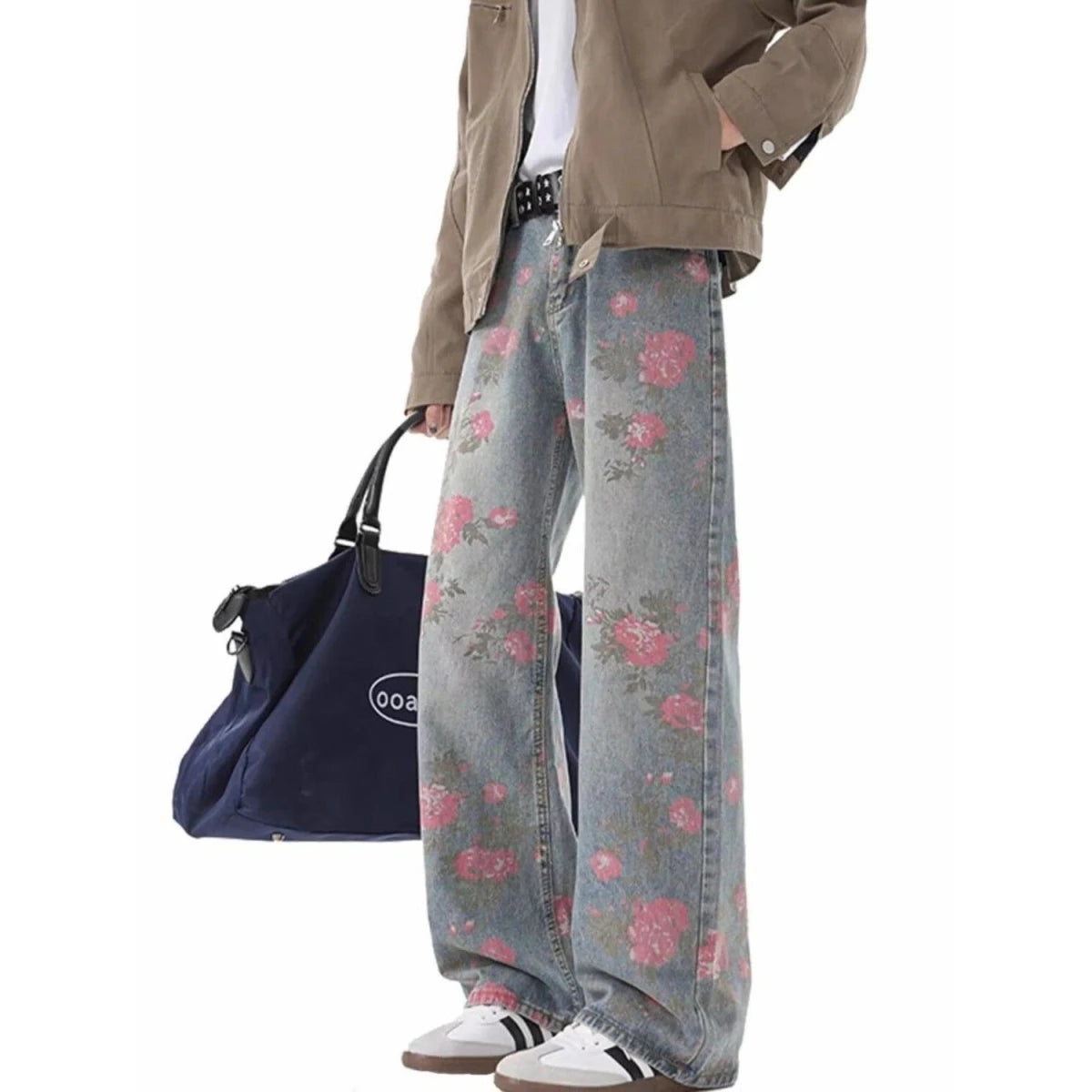 American Casual Floral Print Wide Leg Jeans Mid-Waist Fashion Urban Style Comfortable Soft Cotton Polyester Blend Four Seasons