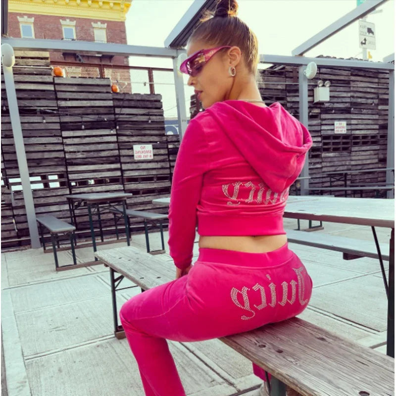 2 Pieces Women Sets 2026 New Fashion Diamond Velvet Hoodies + Long Pant Casual Letter Print Two-Piece Suits Women's Clothing